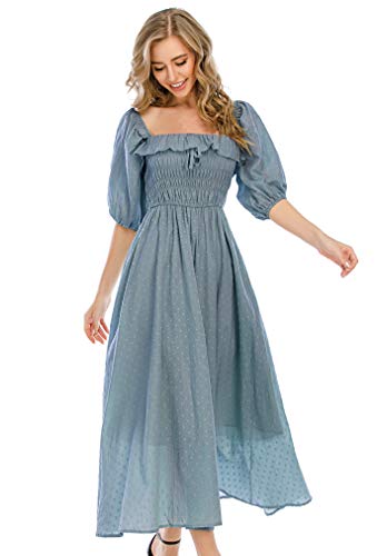 R.Vivimos Damen Polka Dot Slim Fit halbe Hülsenkleider Quadratischer Kragen Langes Midikleid (XLarge,Dunstblau) von R.Vivimos