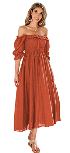 R.Vivimos Damen Polka Dot Slim Half Sleeve Puff Flare Sleeve Square Neck Tie Langes Midikleid(Large,Orange#2) von R.Vivimos