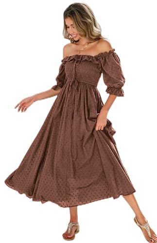 R.Vivimos Damen Polka Dot Slim Half Sleeve Puff Flare Sleeve Square Neck Tie Langes Midikleid(S,Braun#2) von R.Vivimos