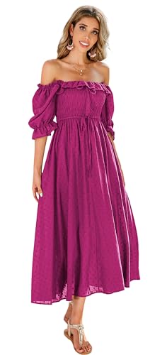 R.Vivimos Damen Polka Dot Slim Half Sleeve Puff Flare Sleeve Square Neck Tie Langes Midikleid(S,Magenta#2) von R.Vivimos
