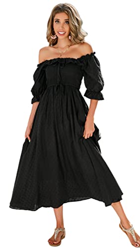 R.Vivimos Damen Polka Dot Slim Half Sleeve Puff Flare Sleeve Square Neck Tie Langes Midikleid(Small,Schwarz#2) von R.Vivimos