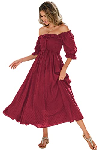 R.Vivimos Damen Polka Dot Slim Half Sleeve Puff Flare Sleeve Square Neck Tie Langes Midikleid(XLarge,Burgund#2) von R.Vivimos