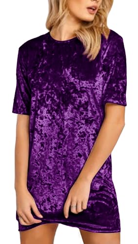 R.Vivimos Damen Samt Kurzarm Lässige Minikleid Einfache Basis Kurzes Kleid(Small,Dunkelviolett) von R.Vivimos