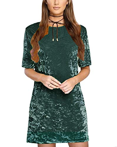 R.Vivimos Damen Samt Kurzarm Lässige Minikleid Einfache Basis Kurzes Kleid (DunkelGrün, S) von R.Vivimos