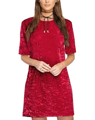 R.Vivimos Damen Samt Kurzarm Lässige Minikleid Einfache Basis Kurzes Kleid (Weinrot, XXL) von R.Vivimos