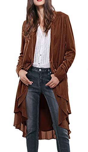 R.Vivimos Herbst Winter Damen Samt Rüschen Freizeitjacke Vintage Lang Mantel Langarm Kragenlos Schwalbenschwanz Blazer(Large,Braun) von R.Vivimos