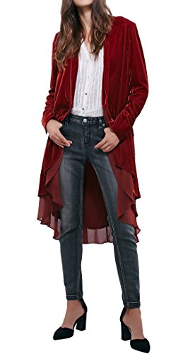 R.Vivimos Herbst Winter Damen Samt Rüschen Freizeitjacke Vintage Lang Mantel Langarm Kragenlos Schwalbenschwanz Blazer(Medium,Weinrot) von R.Vivimos