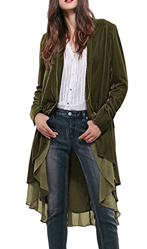 R.Vivimos Herbst Winter Damen Samt Rüschen Freizeitjacke Vintage Lang Mantel Langarm Kragenlos Schwalbenschwanz Blazer(XLarge,ArmeeGrün) von R.Vivimos
