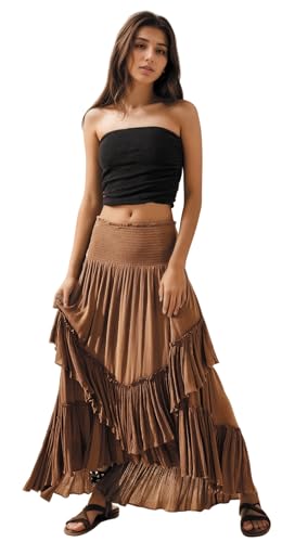 R.Vivimos Damen Sommer Boho A Linie Midi Röcke Smocked Elastische Taille High Low Rüsche Swing Rock Lange Strand Trägerloses Kleid(S,Braun) von R.Vivimos