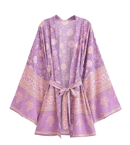 R.Vivimos Damen Sommer Boho Blumen Cardigan Langarm Krawatte Front Kurzer Kimono Strand Cover Up(M,Lila) von R.Vivimos