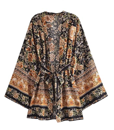 R.Vivimos Damen Sommer Boho Blumen Cardigan Langarm Krawatte Front Kurzer Kimono Strand Cover Up(M,Schwarz) von R.Vivimos