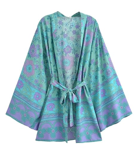 R.Vivimos Damen Sommer Boho Blumen Cardigan Langarm Krawatte Front Kurzer Kimono Strand Cover Up(S,Grün) von R.Vivimos