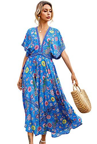 R.vivivimos Dammen Sommer Poho Druckeen Sexy Tiefem V-Ausschnitt Lang-Kleid Rünkenfrei Fledermausïlmel Blumen Midikleid(Large,Blau) von R.Vivimos