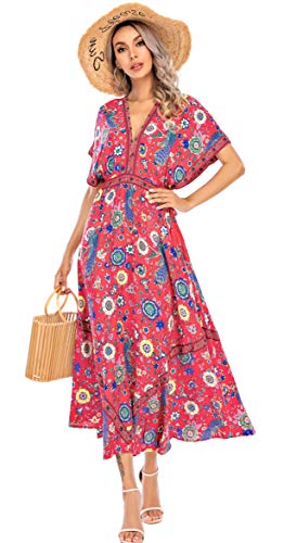 R.Vivimos Damen Sommer Boho Drucken Sexy Tiefem V-Ausschnitt Lang Kleid Rückenfrei Fledermaus Ärmel Blumen Midikleid (Medium,Rot) von R.Vivimos