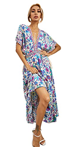 R.Vivimos Damen Sommer Boho Drucken Sexy Tiefem V-Ausschnitt Lang Kleid Rückenfrei Fledermaus Ärmel Blumen Midikleid (Medium,Beige) von R.Vivimos