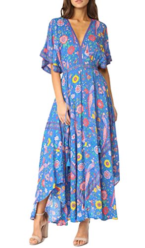 R.Vivimos Damen Sommer Boho Drucken Sexy Tiefem V-Ausschnitt Lang Kleid Rückenfrei Fledermaus Ärmel Blumen Midikleid(XLarge,Blau) von R.Vivimos