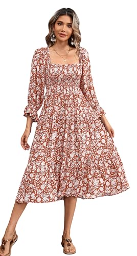 R.Vivimos Damen-Sommer-Boho-Langarm-Taille Mit Quadratischem Kragen Und Rüschen, Midikleid(L,Orange-Blumen) von R.Vivimos