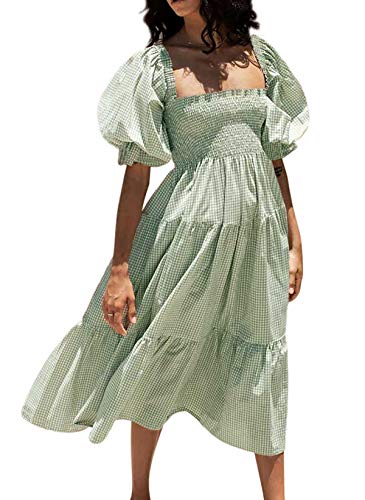 R.Vivimos Damen-Sommer-Boho-Langarm-Taille Mit Quadratischem Kragen Und Rüschen, Midikleid(Large,Grün) von R.Vivimos