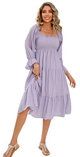 R.Vivimos Damen-Sommer-Boho-Langarm-Taille Mit Quadratischem Kragen Und Rüschen, Midikleid(XL,Lavendel) von R.Vivimos