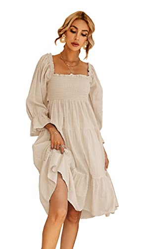 R.Vivimos Damen-Sommer-Boho-Langarm-Taille Mit Quadratischem Kragen Und Rüschen, Midikleid (Large,Beige) von R.Vivimos