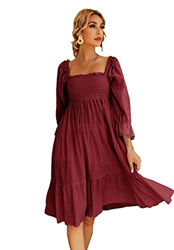 R.Vivimos Damen-Sommer-Boho-Langarm-Taille Mit Quadratischem Kragen Und Rüschen, Midikleid (Large,Burgund) von R.Vivimos