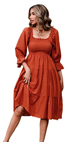 R.Vivimos Damen-Sommer-Boho-Langarm-Taille Mit Quadratischem Kragen Und Rüschen, Midikleid (Large,Rostbraun) von R.Vivimos