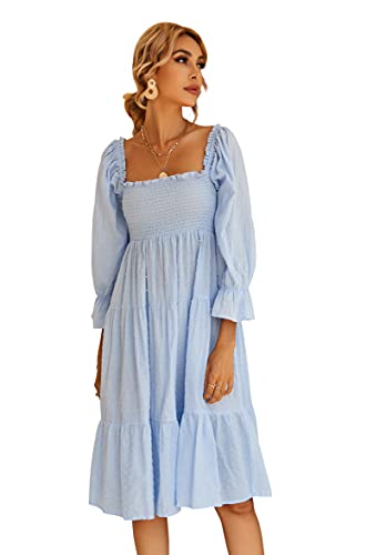 R.Vivimos Damen-Sommer-Boho-Langarm-Taille Mit Quadratischem Kragen Und Rüschen, Midikleid(S,Himmelblau) von R.Vivimos
