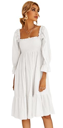 R.Vivimos Damen-Sommer-Boho-Langarm-Taille Mit Quadratischem Kragen Und Rüschen, Midikleid(S,Weiß) von R.Vivimos