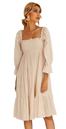 R.Vivimos Damen-Sommer-Boho-Langarm-Taille Mit Quadratischem Kragen Und Rüschen, Midikleid(XL,Beige) von R.Vivimos