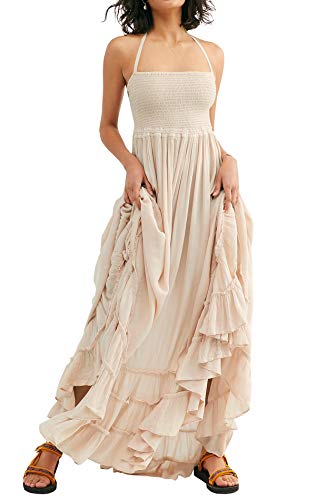 R.Vivimos Damen Sommer Boho Neckholder Langes Maxikleid Ärmelloses Rüschensaumkleid(Large,Beige) von R.Vivimos