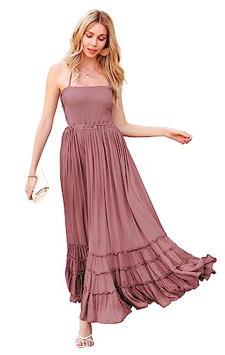 R.Vivimos Damen Sommer Boho Neckholder Langes Maxikleid Ärmelloses Rüschensaumkleid(Medium,Mauve) von R.Vivimos