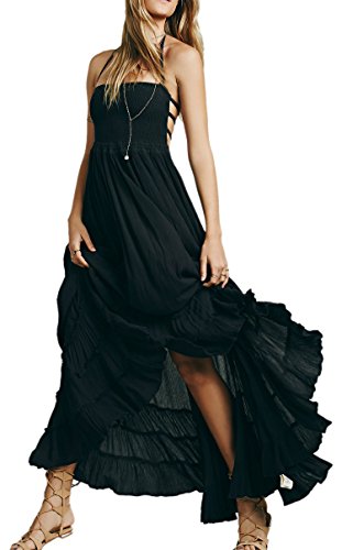 R.Vivimos Damen Sommer Boho Neckholder Langes Maxikleid Ärmelloses Rüschensaumkleid(S,Schwarz) von R.Vivimos