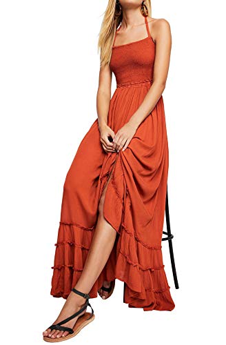 R.Vivimos Damen Sommer Boho Neckholder Langes Maxikleid Ärmelloses Rüschensaumkleid(Small,Orange) von R.Vivimos