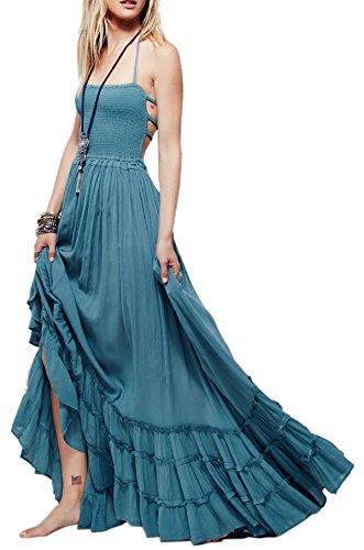 R.Vivimos Damen Sommer Boho Neckholder Langes Maxikleid Ärmelloses Rüschensaumkleid (Groß, Blau) von R.Vivimos