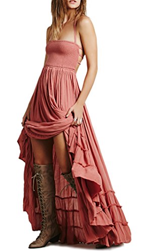 R.Vivimos Damen Sommer Boho Neckholder Langes Maxikleid Ärmelloses Rüschensaumkleid(L,Rosa) von R.Vivimos