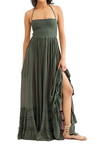 R.Vivimos Damen Sommer Boho Neckholder Langes Maxikleid Ärmelloses Rüschensaumkleid (Large,Armeegrün) von R.Vivimos