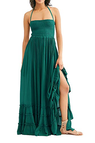 R.Vivimos Damen Sommer Boho Neckholder Langes Maxikleid Ärmelloses Rüschensaumkleid (Large,Grün) von R.Vivimos