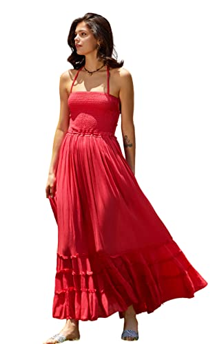 R.Vivimos Damen Sommer Boho Neckholder Langes Maxikleid Ärmelloses Rüschensaumkleid (Mittel, PunchRed) von R.Vivimos