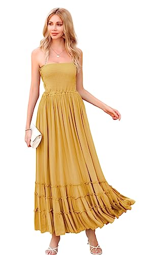 R.Vivimos Damen Sommer Boho Neckholder Langes Maxikleid Ärmelloses Rüschensaumkleid (Small,Gelb) von R.Vivimos