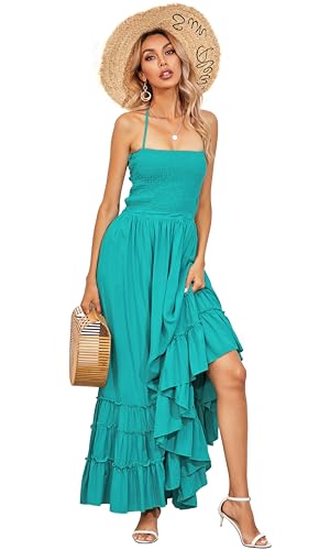 R.Vivimos Damen Sommer Boho Neckholder Langes Maxikleid Ärmelloses Rüschensaumkleid (Türkis, M) von R.Vivimos
