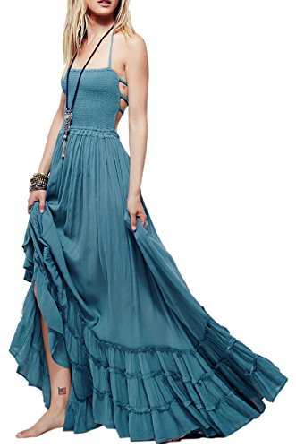 R.Vivimos Damen Sommer Boho Neckholder Langes Maxikleid Ärmelloses Rüschensaumkleid(XL,Blau) von R.Vivimos