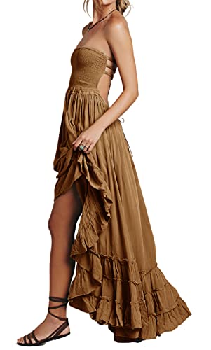 R.Vivimos Damen Sommer Boho Neckholder Langes Maxikleid Ärmelloses Rüschensaumkleid (XLarge,Braun) von R.Vivimos