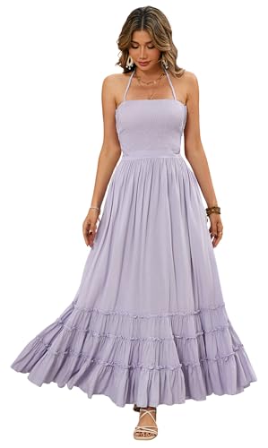 R.Vivimos Damen Sommer Boho Neckholder Langes Maxikleid Ärmelloses Rüschensaumkleid (XLarge,Lavendel) von R.Vivimos