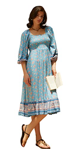 R.Vivimos Damen Sommer Boho Quadratischer Hals Laterne Langarm Smock Kleid Blumen Midi Kleid Off Schulter A Linie Rüschen Strand Lange Kleider(L,Hellblau) von R.Vivimos