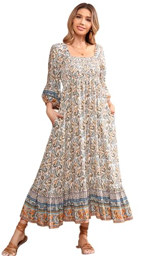 R.Vivimos Damen Sommer Boho Quadratischer Hals Laterne Langarm Smock Kleid Blumen Midi Kleid Off Schulter A Linie Rüschen Strand Lange Kleider(S,Beige) von R.Vivimos