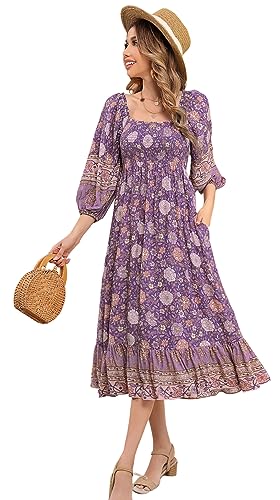 R.Vivimos Damen Sommer Boho Quadratischer Hals Laterne Langarm Smock Kleid Blumen Midi Kleid Off Schulter A Linie Rüschen Strand Lange Kleider(S,Dunkelviolett) von R.Vivimos