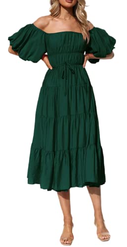 R.Vivimos Damen Sommer Boho Schulterfreies Puffärmel Midikleid Rückenfreies A Linien Rüschen Langes Strandkleid(Medium,Smaragdgrün) von R.Vivimos