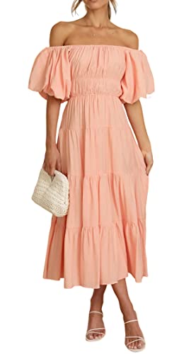 R.Vivimos Damen Sommer Boho Schulterfreies Puffärmel Midikleid Rückenfreies A Linien Rüschen Langes Strandkleid(XLarge,Pfirsich) von R.Vivimos