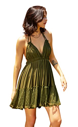 R.Vivimos Damen Sommer Boho Sexy V-Ausschnitt Ärmellos Neckholder Kleid Strandurlaub Kleid(Groß, Olivgrün) von R.Vivimos