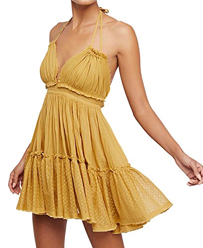 R.Vivimos Damen Sommer Boho Sexy V-Ausschnitt Ärmellos Neckholder Kleid Strandurlaub Kleid(Klein, Gelb) von R.Vivimos